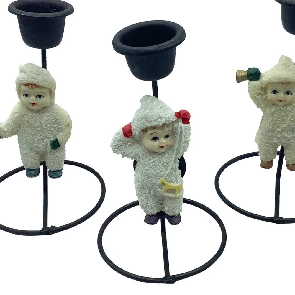Vtg Crown‎ Greetings Ceramic Snowball Kids Candle Holder Lot of 4 Handmade 5